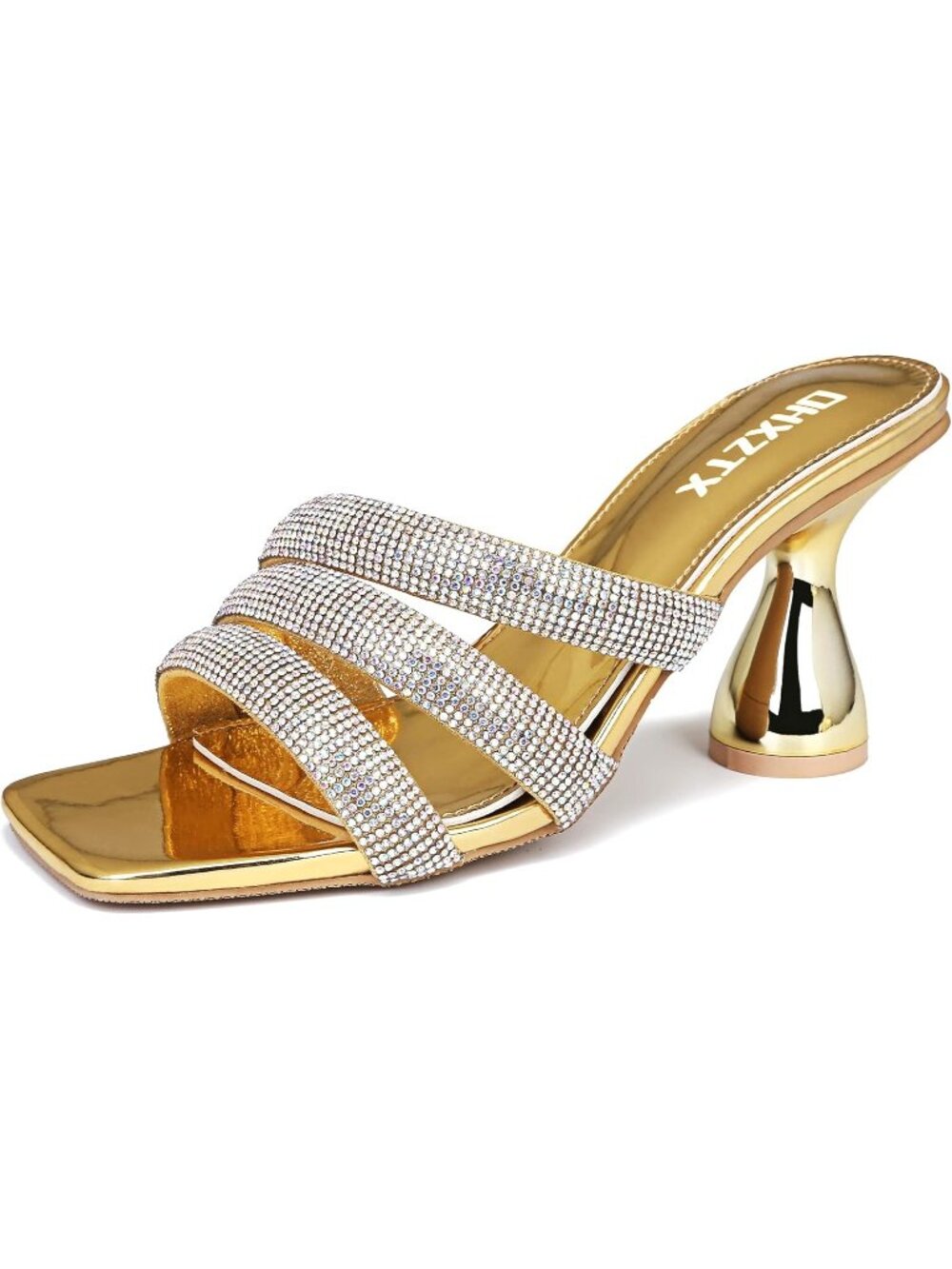 Women's Gold  Rhinestone Square Toe Backless 3.15 IN Chunky High Heel Sandals